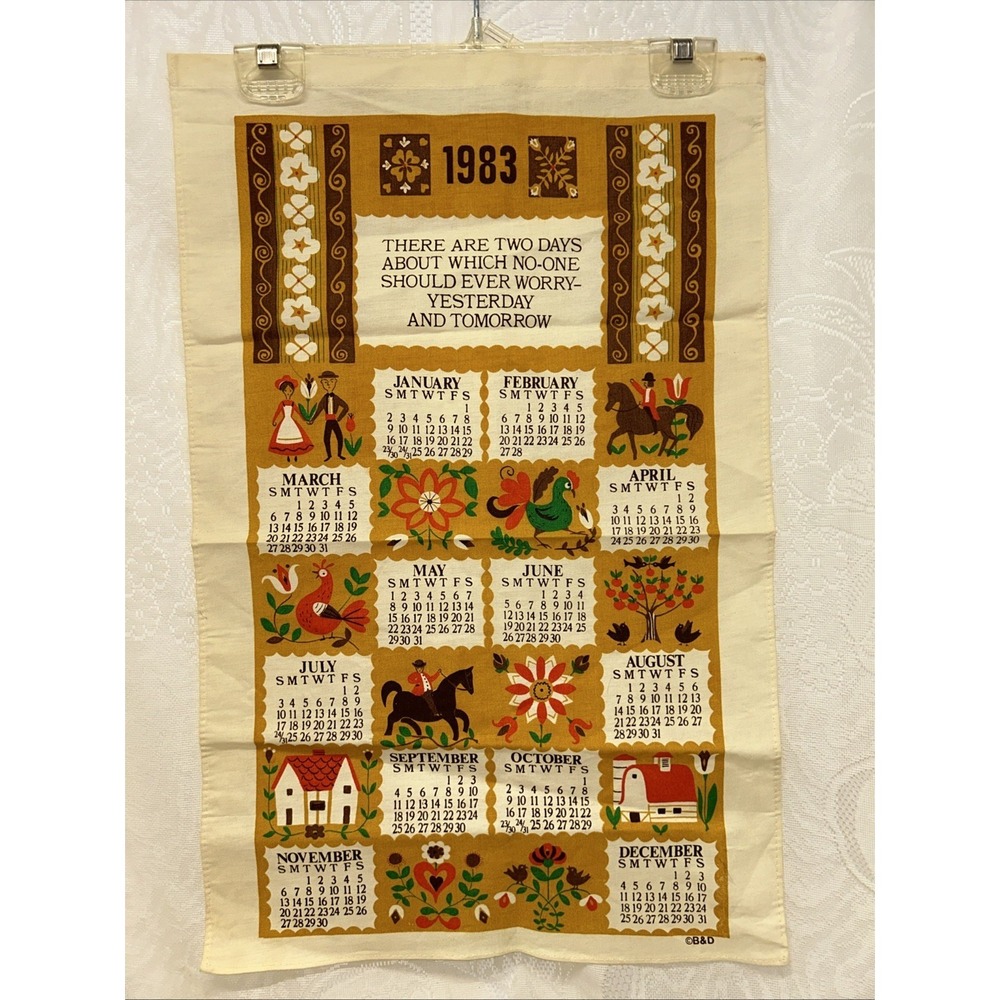 Vintage 1983 Wall Hanging Linen Calendar Tea Towel  Farmhouse Dutch 16" x 25"